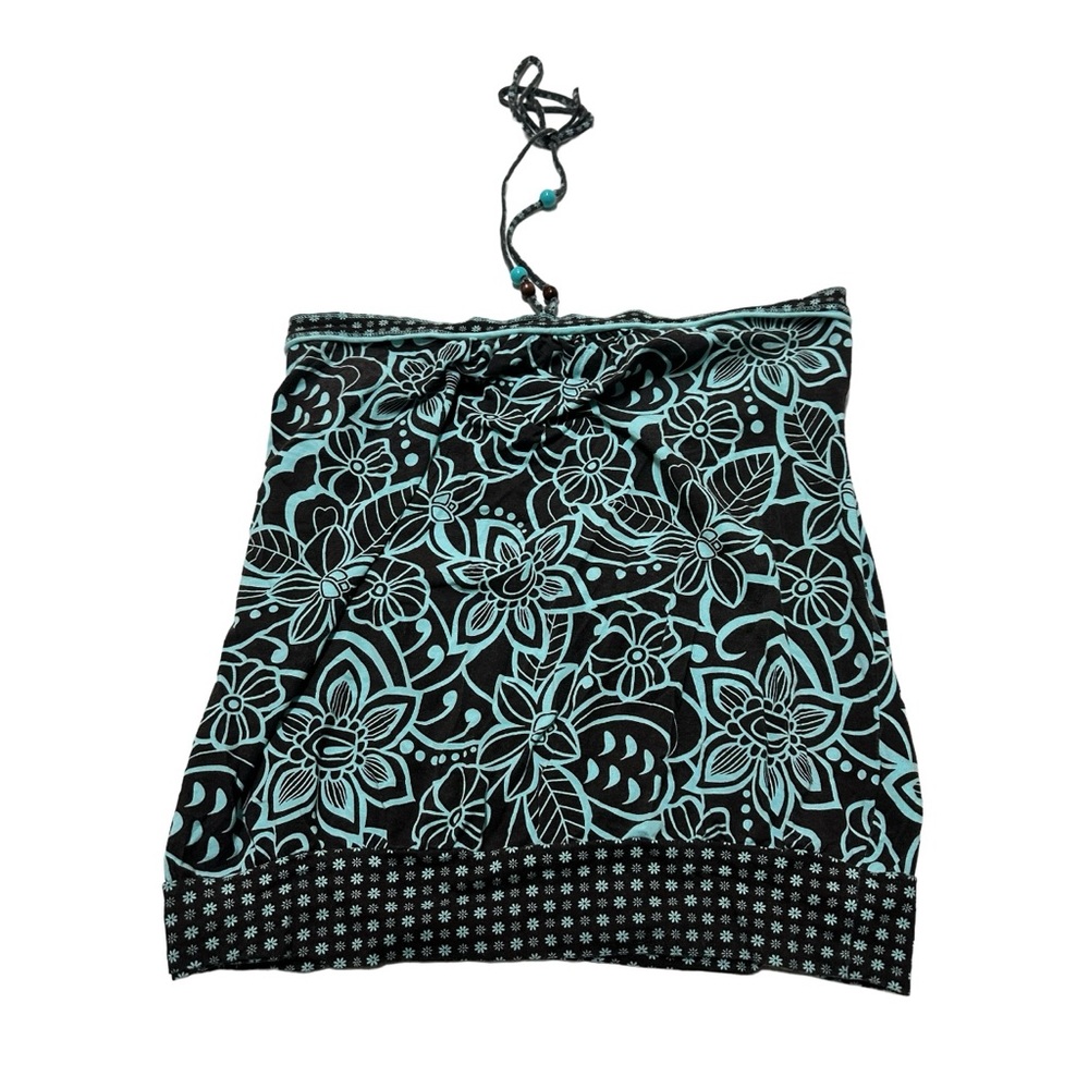VTG Y2K FANG Black Light Blue Aqua Blue Floral Halter Tube Top Size M L